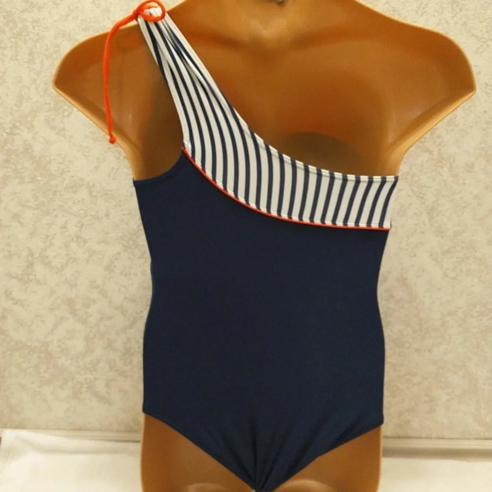 Chic One-Shoulder Navy Striped Swim One Piece